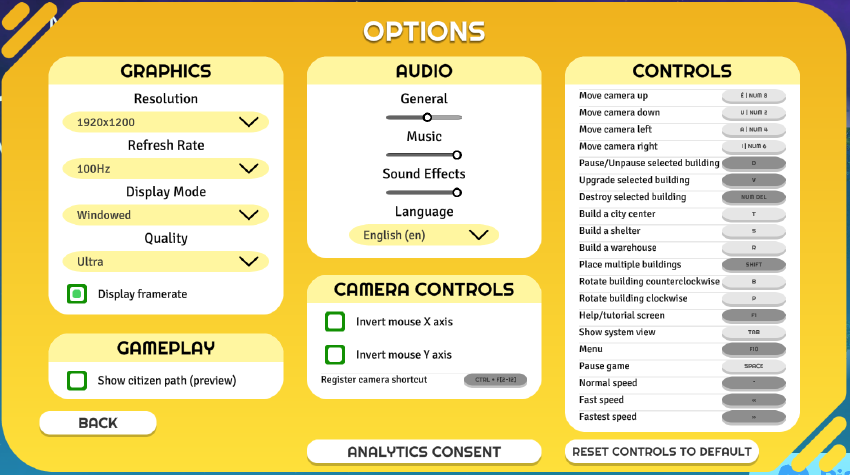 Options screen